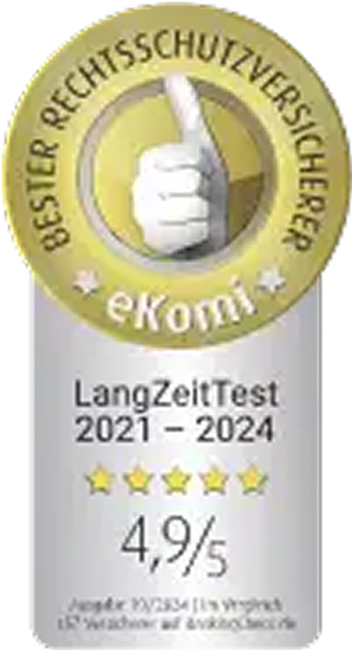 Bester Rechtsschutzversicher EKomi LangZeitTest 2021 - 2024 4,9 von 5 Sternen